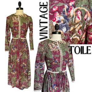 VTG 60s Toile Maxi Dress Boho Hippie Shabby Chic 'Gunne Sax Black Label Style'